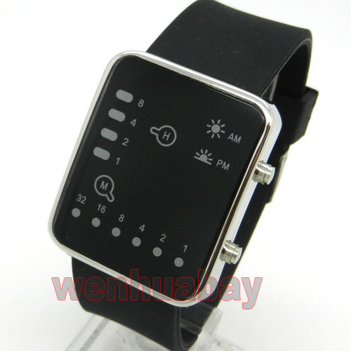 Red/Blue LED Binary Black/White Leather/Silicone Band Watch 889 Boy Girl Men - Picture 7 of 34