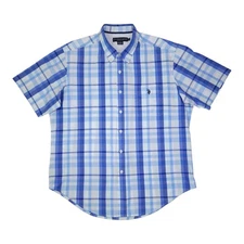 U.S. Polo Assn. Mens Blue Plaid Short Sleeve Button-Up Shirt XL Cotton Polyester