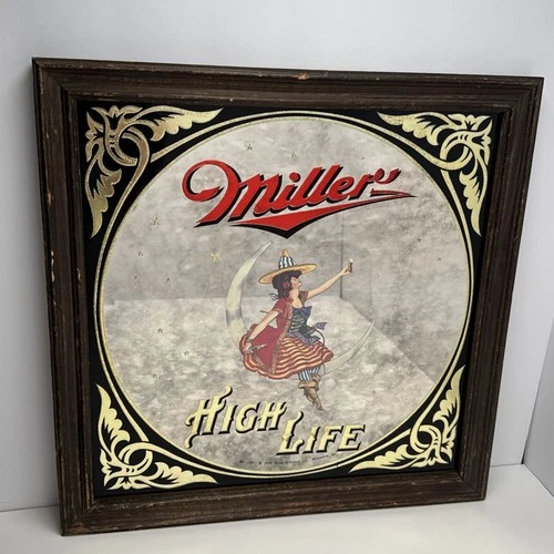 Vintage 70’s Miller High Life Girl Witch on the Moon Beer Mirror Bar Sign 14x14”