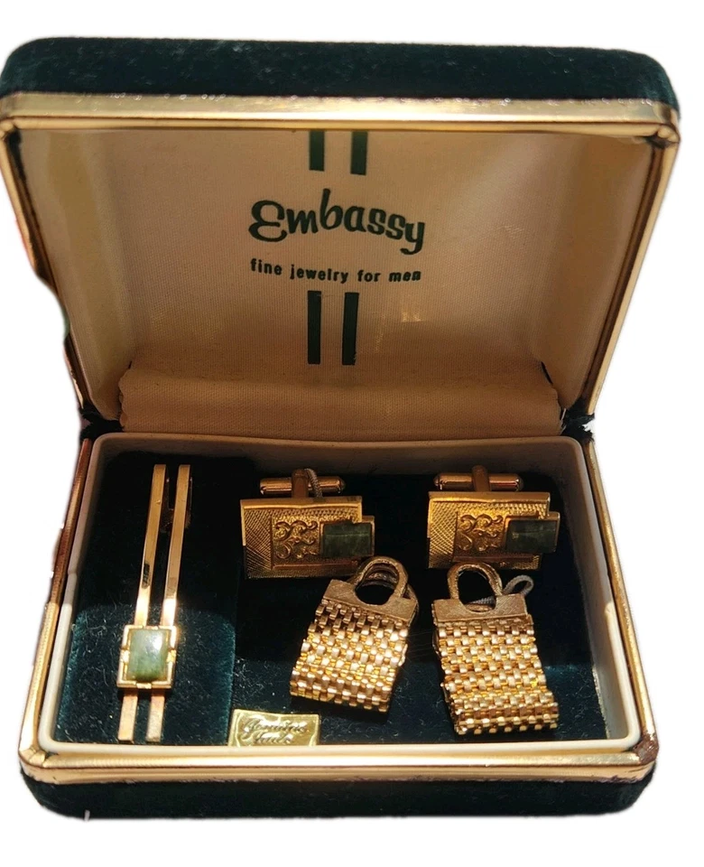 Embassy Cufflinks Genuine Jade Mesh Set Gold Tone Wedding Tux Vintage Men's - image 2 of 2