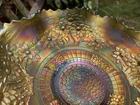 CARNIVAL GLASS ~ PRETTY FENTON ORANGE TREE GREEN BOWL ~