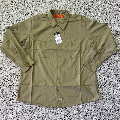 NEW Dickies Mens Long Sleeve Work Shirt Khaki Tan XL Button Up Pockets