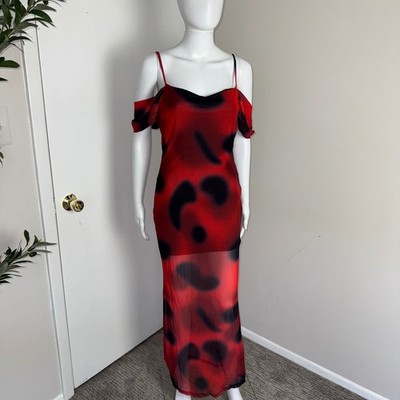 Micas Red Sheer Maxi Dress Off Shoulder Party Cocktail Evening Size Large