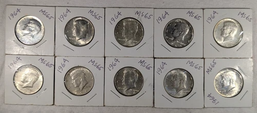 LOT OF 10 UNC 1964 KENNEDY HALF DOLLAR COINS $5 FACE VALUE UNCIRCULATED #90