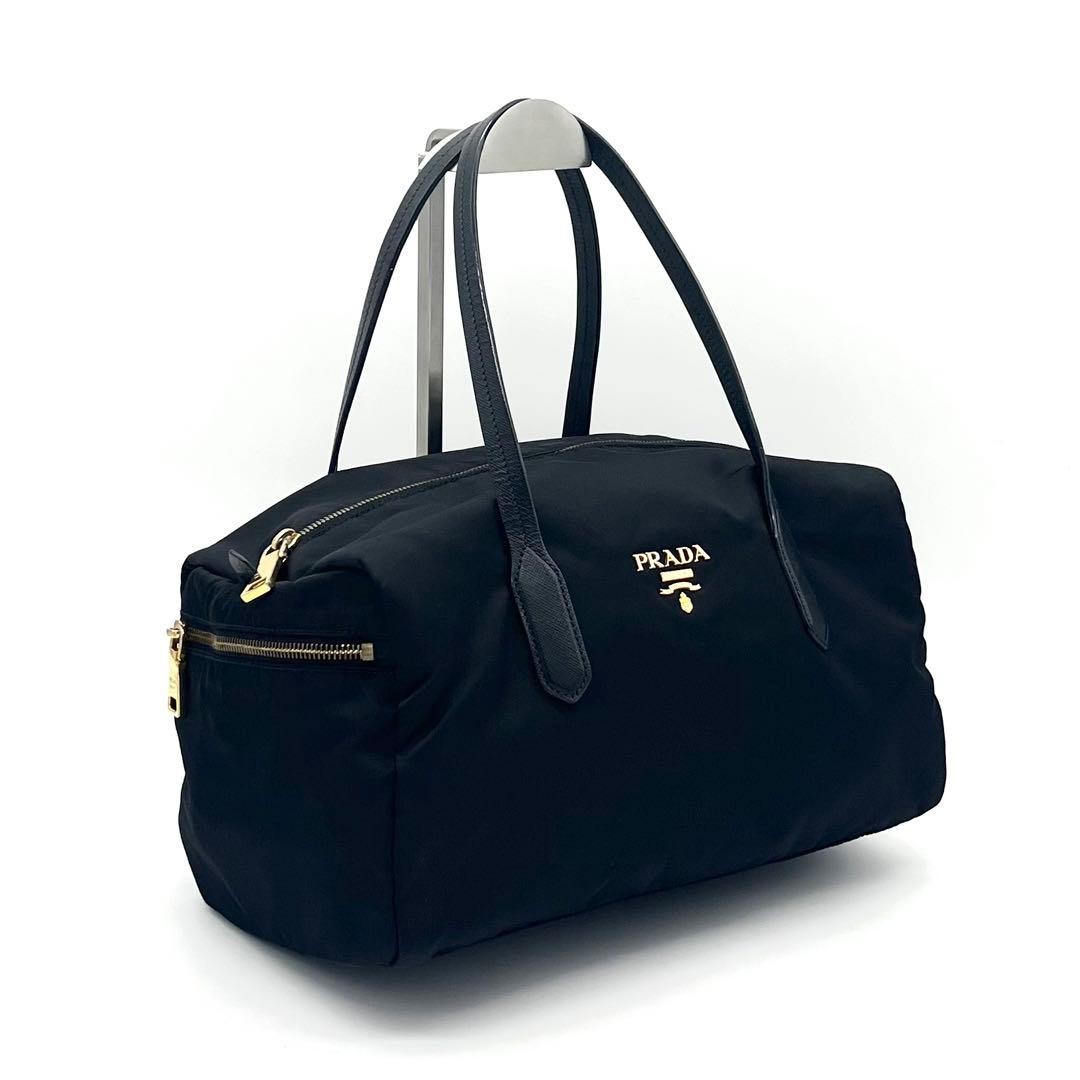 Prada Tessuto Saffiano Mini Boston Shoulder Bag Black Gold