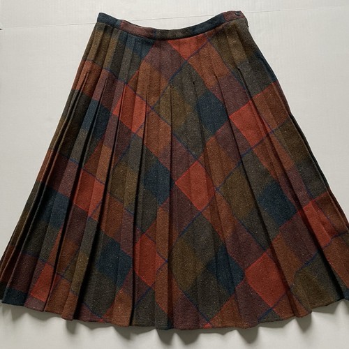 Vintage Personal Midi Skirt Womens 16 Brown Blue Orange Plaid Wool Pleated