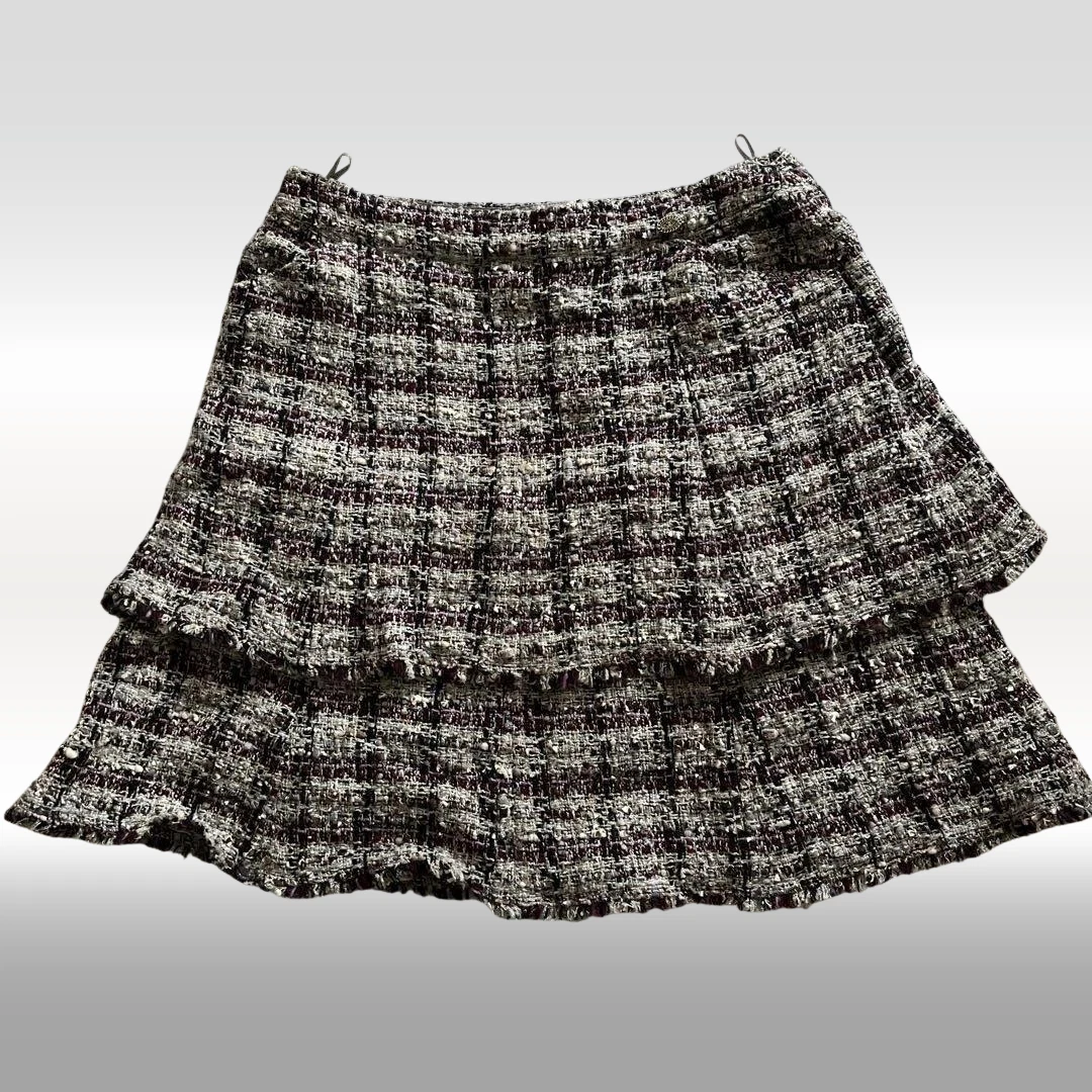 Chanel — CHANEL Authentic Women's Tweed Flared Mini Skirt Black White Checkered Nylon
