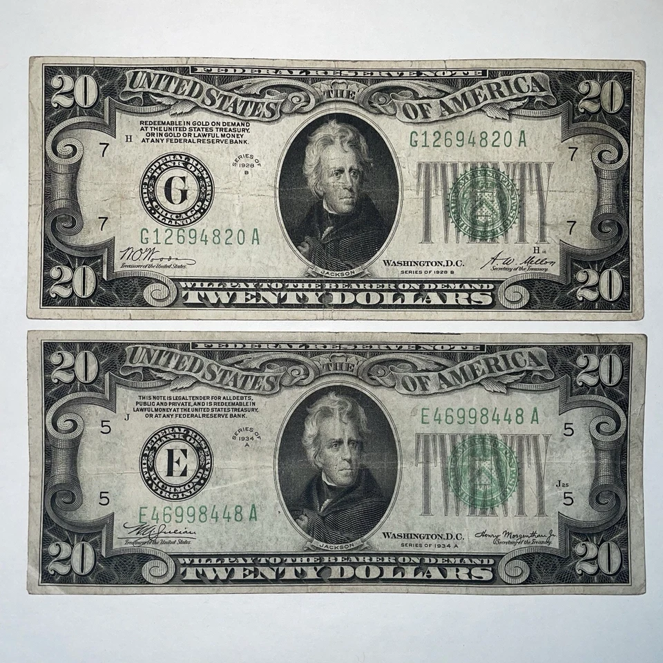 Nota de US$ 20 de 1928 e notas de 20 dólares da Reserva Federal de 1934 “resgatável em ouro” - Imagem 2 de 4