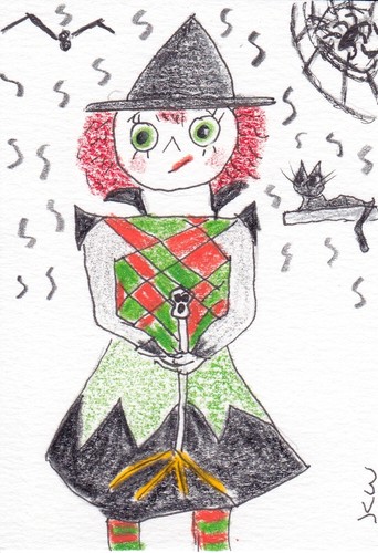 JKW Halloween WITCH Doll CAT Cats Spider Web Folk Art ACEO Original Painting