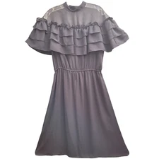 Vintage High Sheer Neck Tiered Ruffle Chest Victorian Style A-Line Midi Dress