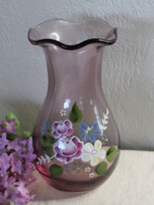 Fenton Vase Purple Hand Painted w/ Flowers Teleflora Ruffled Rim
