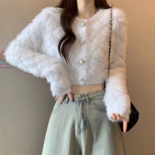Knitted Cardigan Women Autumn Winter Round Neck Slim Short Plush Sweater Tops - Bild 7 von 9