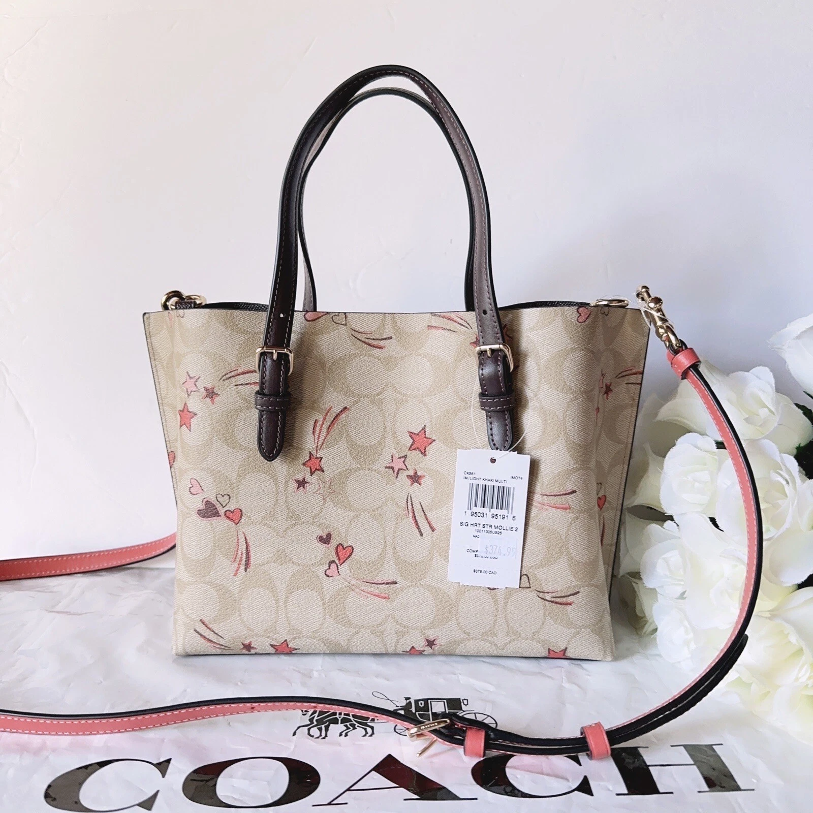 Borsa Coach Mollie 25 pollici nuova con etichette tela firmata con stampa cuore e stelle ck561