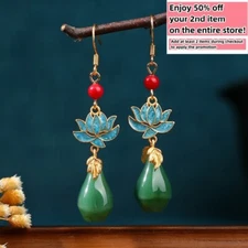 Jade Drop Dangle Earrings Flower Gemstone Boho Dainty Hook 18K Gold Plated