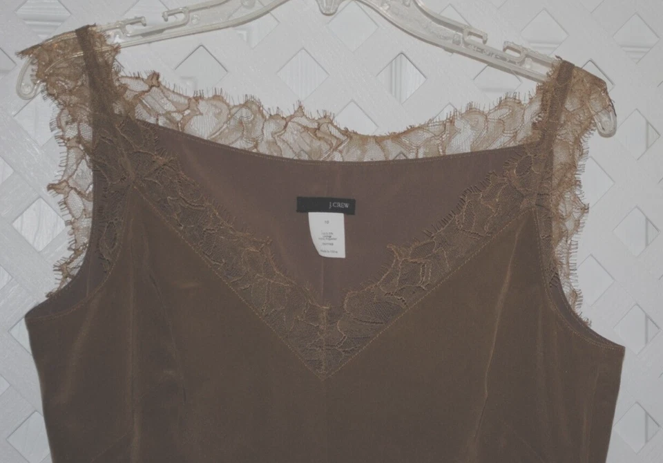 J CREW Taupe Brown Sleeveless 100% Silk Lace Trim Blouse Tank Top Size 10 - Image 2 of 4