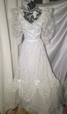 Vintage 80s PRONUPTIA Paris Lace Wedding Dress Puff Sleeve Bridal Gown XS/S
