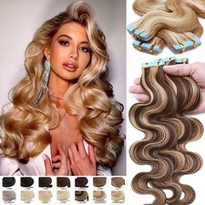 Body Wave Tape In 100 Remy Human Hair Extensions Curly Full Head THICK Balayage