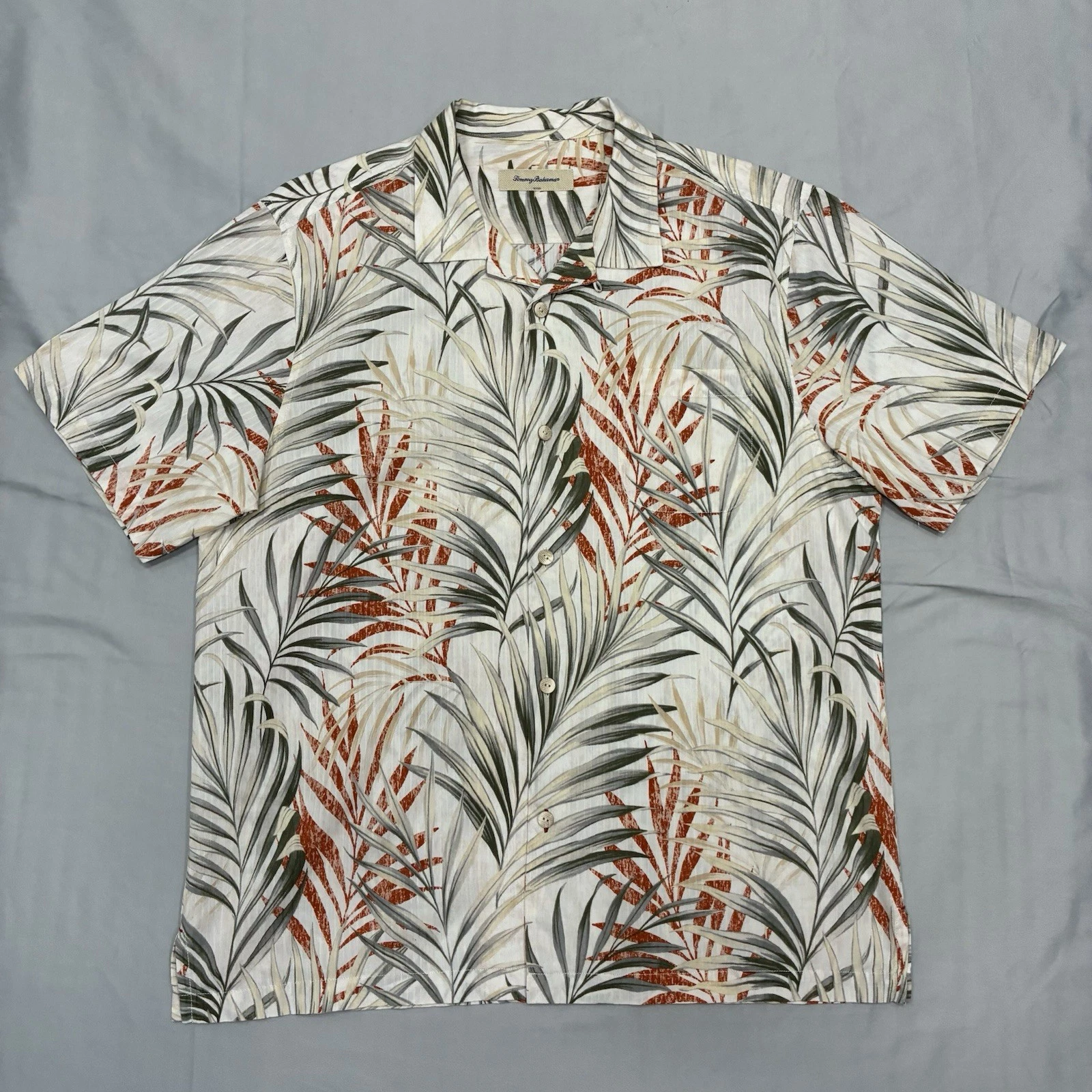 Tommy Bahama Shirt Mens XL Cream Palm Leaf Short Sleeve Button Up Cotton Silk