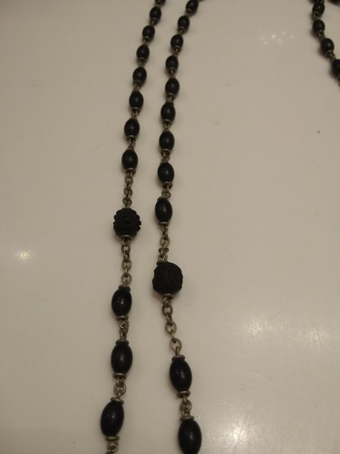 1920's Antique Catholic Carved Ebony Wood Beads France Rosary Necklace - Picture 4 of 5