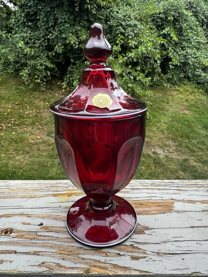 Vintage Westmoreland Ruby Red Glass Covered Jar w/Lid Hand Painted Floral Signed - Image 4 of 4