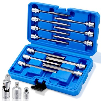 RIZOM 15-Piece 3/8'' Drive Extra Long Torx Bit Socket Set, T10-T60 Star Bit Socke