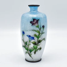 Antique Meiji Ginbari Japanese Vase Blue White Morning Glory Flowers