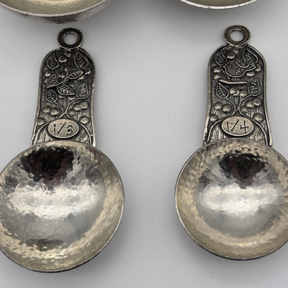 Crosby & Taylor Pewter Measuring Cup Set of 4 Hammered Bird Floral Kitchen Decor - Image 4 of 4