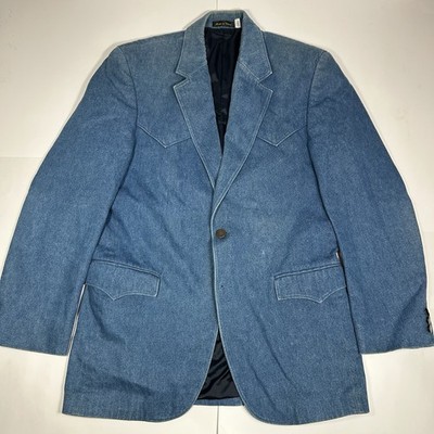 VTG Circle S Men Denim Western Blazer Ranch Sport Coat Jacket Blue Flaw Sz 40L