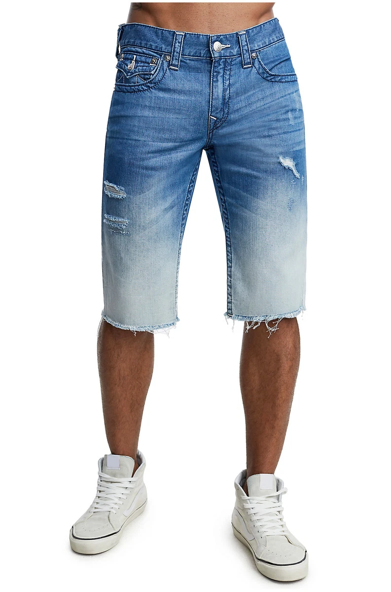 True Religion Men&#039;s Jean Shorts w/ Flaps Rips in Moving Indigo |