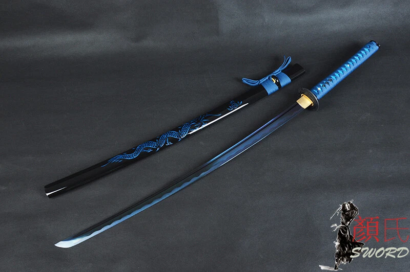 Espada dragón afilada de acero al carbono Katana samurai japonesa azul noble Foto 3 de 4