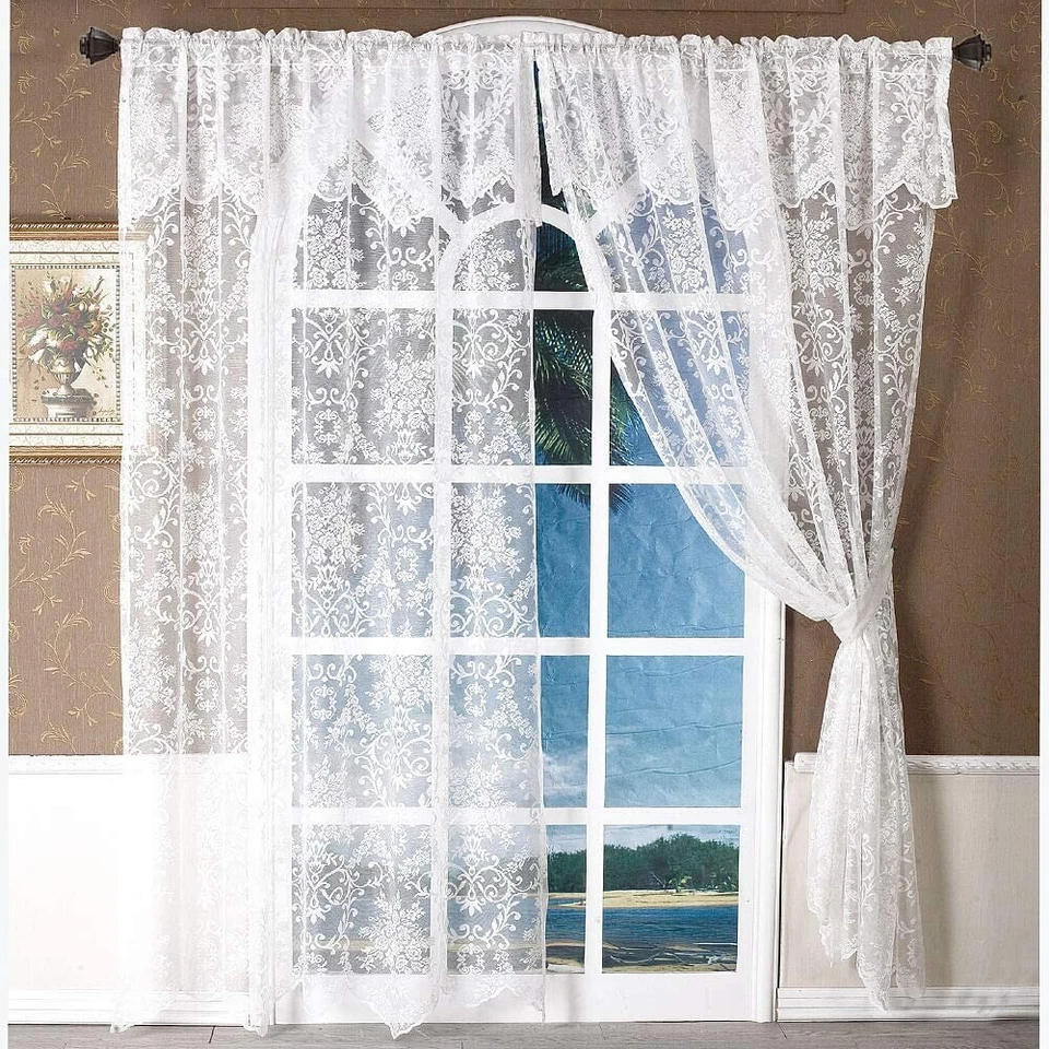 2 Panels White Lace Window Curtain Embroidered Floral Sheer Drapes with Valance