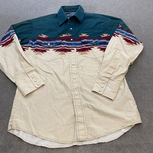 vtg Wrangler Shirt Mens Medium Aztec Striped Blue Peal Snap Western Cowboy