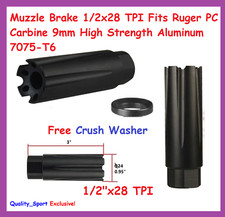 Muzzle Brake 1/2x28 TPI Fits Ruger PC Carbine 9mm High Strength Aluminum 7075-T6