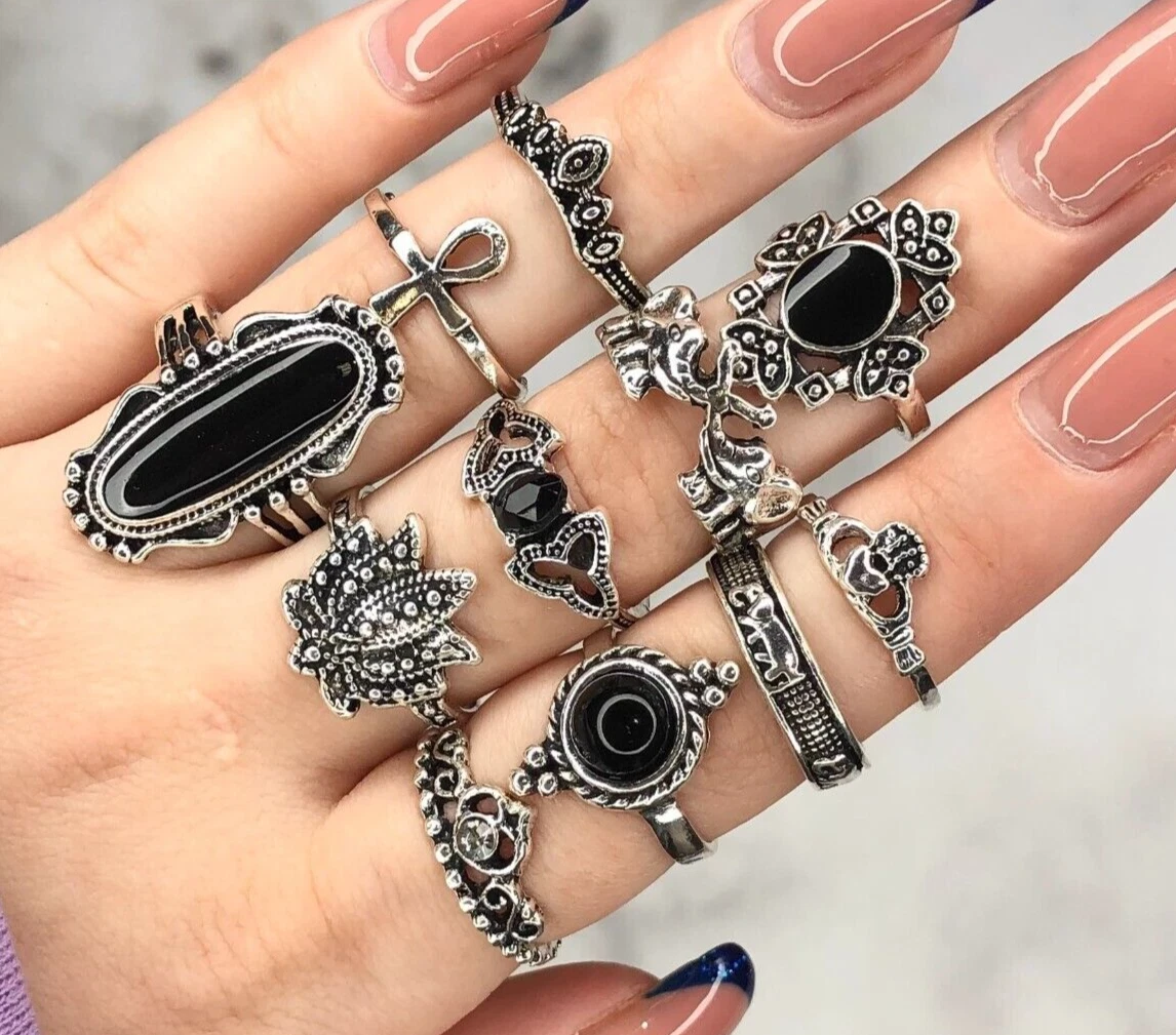 11 pcs Gothic Ring Set, Rings Set Silver, Black Onyx Ring, Witchy Rings,  Knuckle