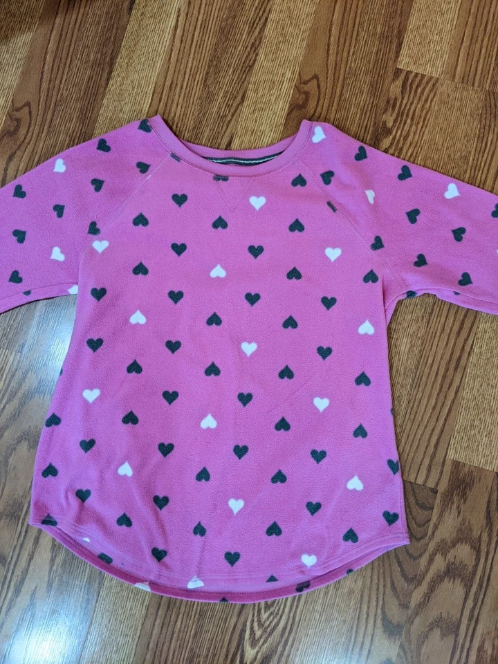 Sonoma Fleece PJ Set Pink w/ gray white Hearts Soft & Comfy Crew top pants Euc M - Image 2 of 3