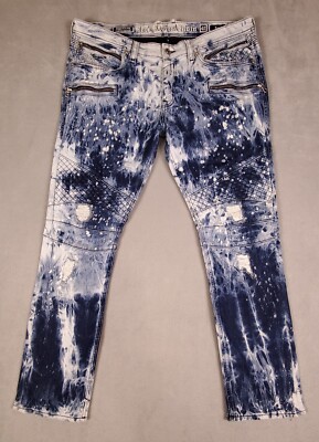 Rock Revival Ean Straight Distressed Acid Wash Paint Splatter Blue Jean 40x32