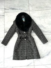 Marciano Penny Lane Coat Removable Faux Fur Collar Belted Black White Large