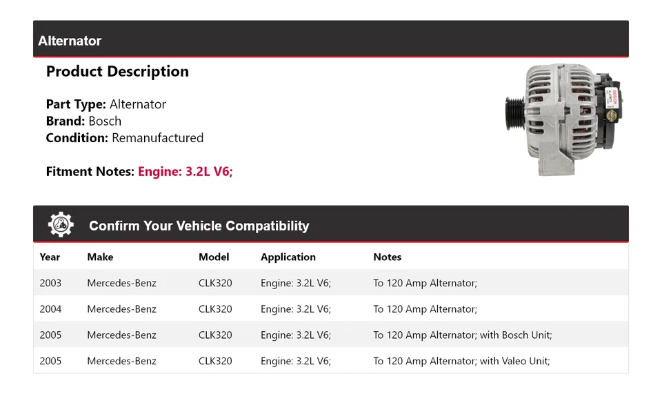 Alternador Bosch para Mercedes CLK320 2003-2005 3,2 L V6 (Remanufacturado) 2004 Foto 2 de 4