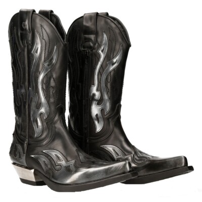 NEW ROCK M-7921-S3 SILVER FLAME BOOTS Black Leather Heavy Biker Western Cowboy