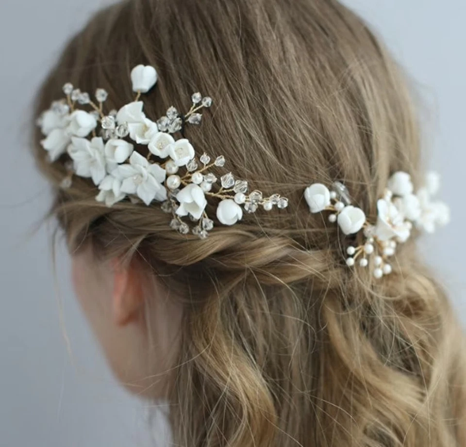 Pinzas para el pelo de cerámica floral de perlas con clase flor elegante regalo de boda Foto 2 de 4