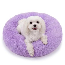 Calming Donut Dog Bed 23in Washable Faux Fur Round Small Dogs up to 25 lb Purple