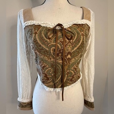 Simple Retro paisley Victorian crop top lace corduroy SZ SM