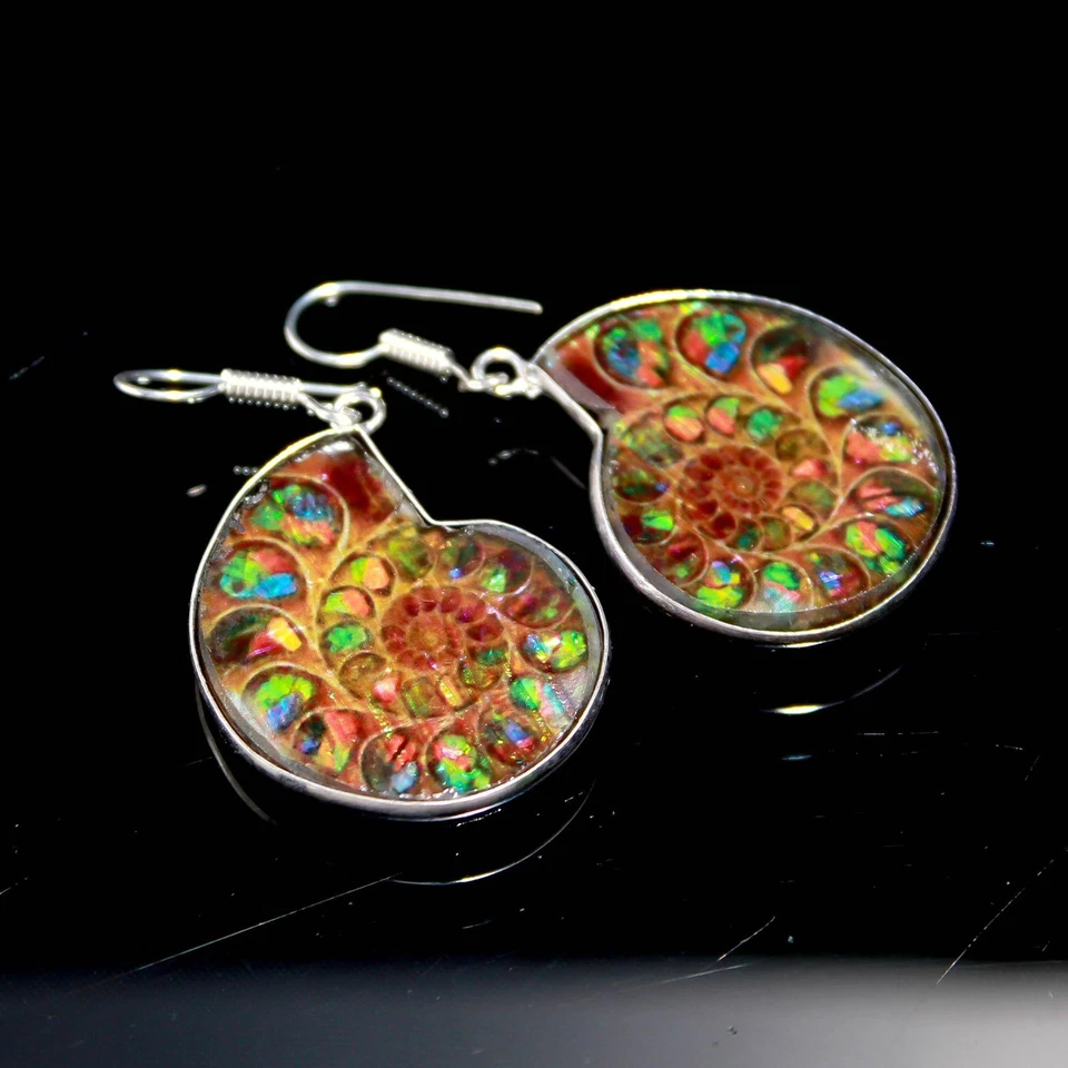 Amolita en piedras preciosas de amonita 925 pendientes de plata de ley joyería regalo para ella Foto 4 de 4