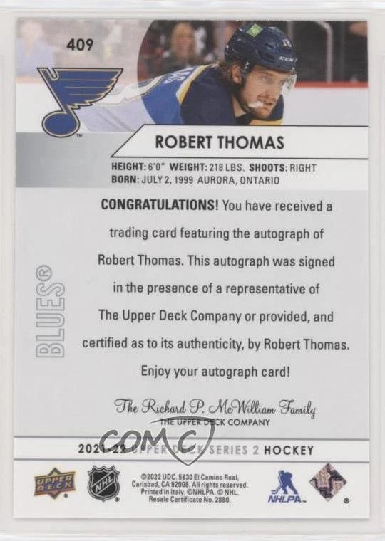 2021-22 Upper Deck Series 2 Snow Spray Variation Auto Robert Thomas #409 Auto - Image 2 of 2