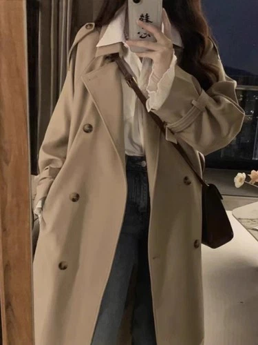 Herbst Frühling Damen britische zweireihige lässige lockere mittellange Trenchcoats - Bild 11 von 11