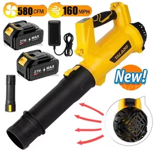 Cordless Leaf Blower 580CFM/160MPH & 6 Speed Levels Electric w/2 Batteries 4.0Ah