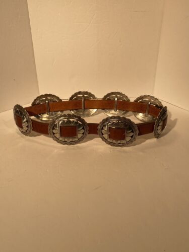 Vtg Brighton Silvertone Sunflower Concho Leather Belt 1993 Made USA Size M - Picture 1 of 20
