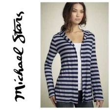 Michael Stars Striped Hooded Open Front Cardigan in Blue/Gray-One Size