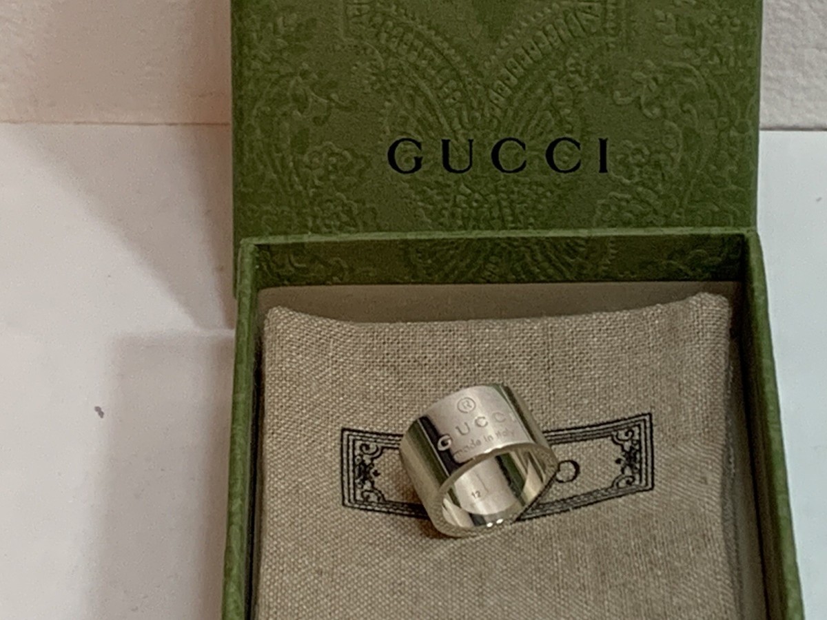 Gucci Trademark Sterling Silver Logo Striped Wide Band Ring