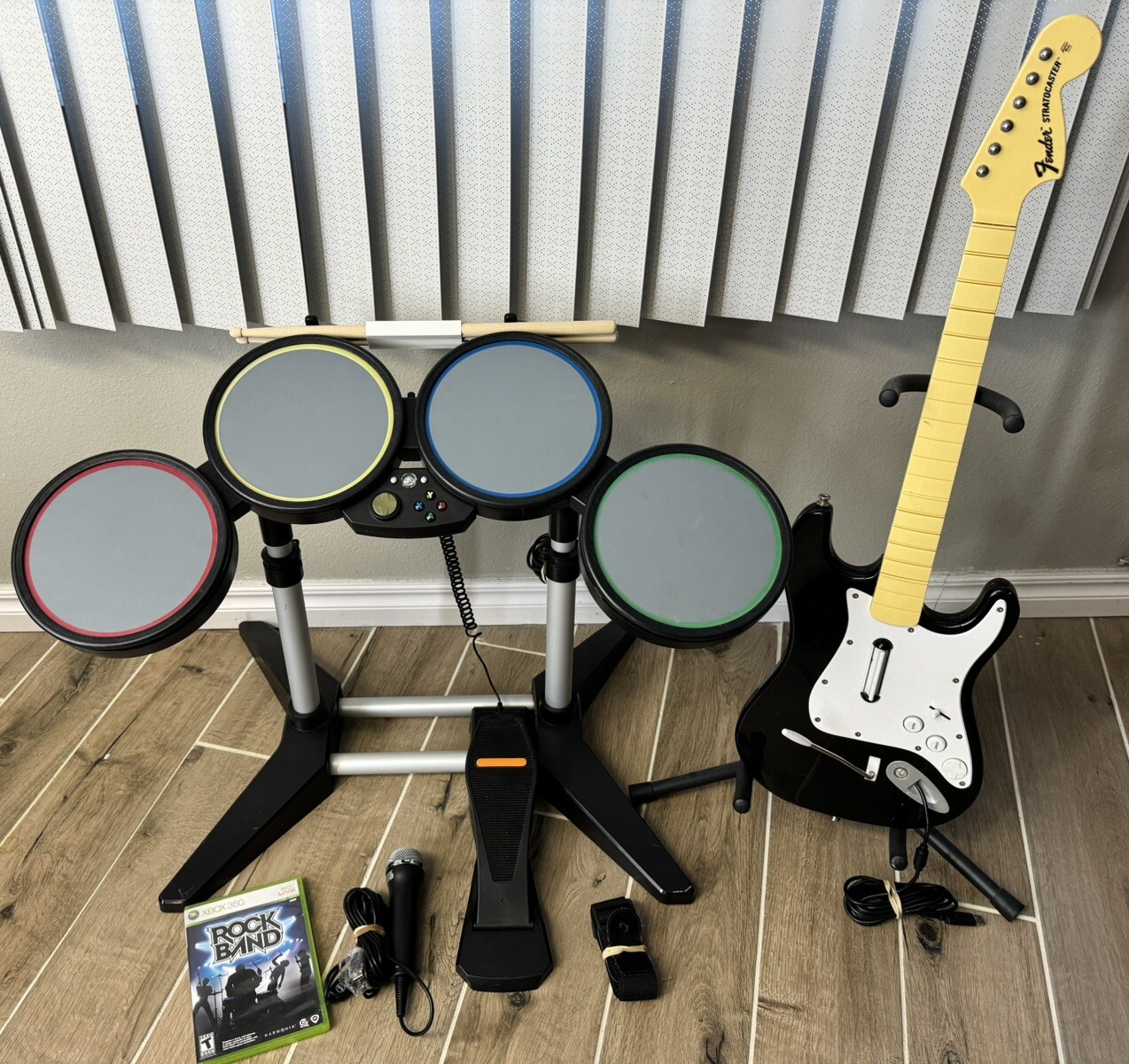 Xbox 360 Rock Band Bundle Lot Wired Guitar, Wired Drums, Mic, Sticks
